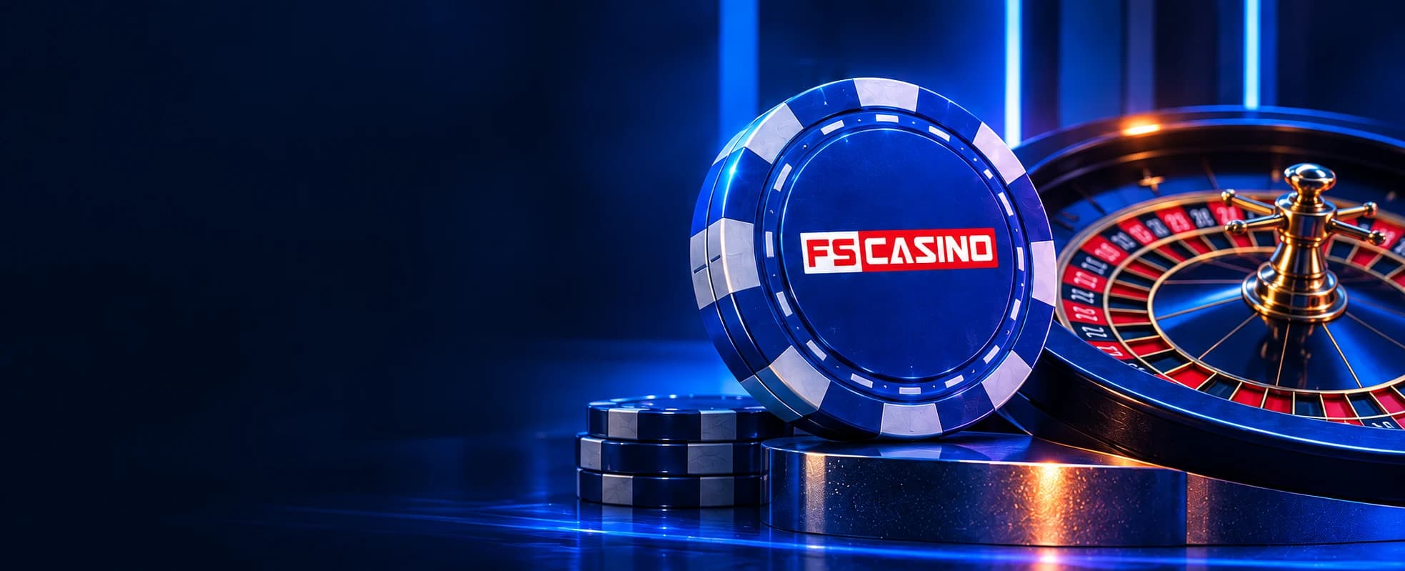 Blå FS Casino-chips ved et roulettehjul