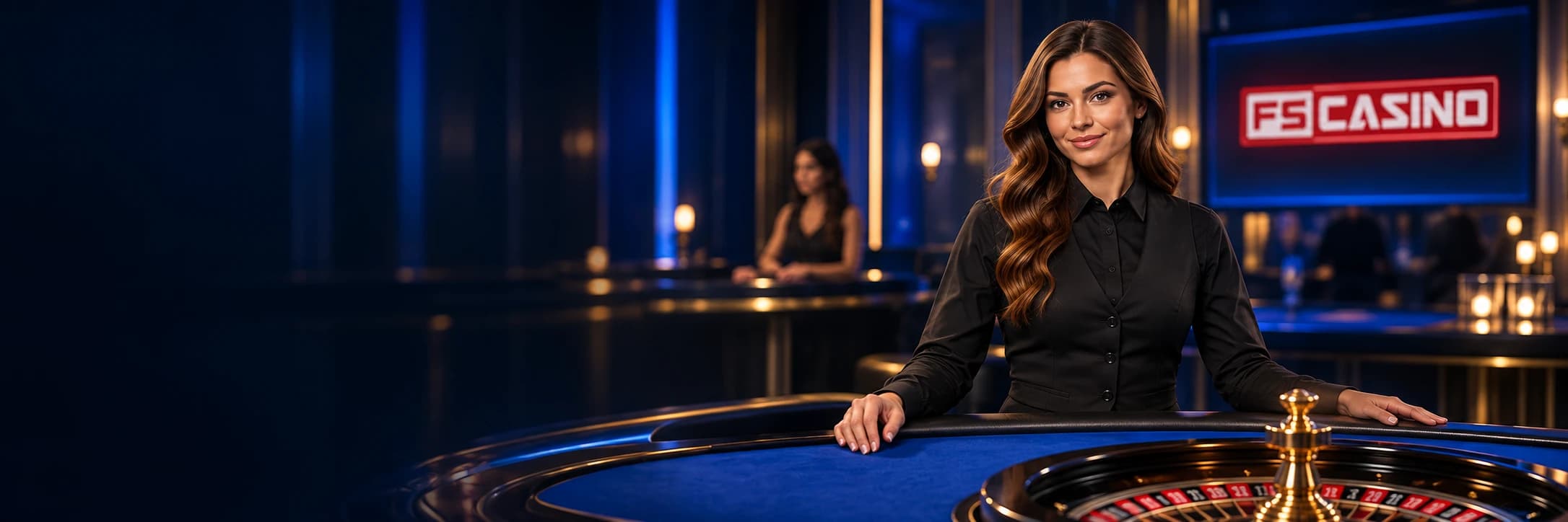Dealer ved et blåt roulettebord i en illustreret casinostudie-scene